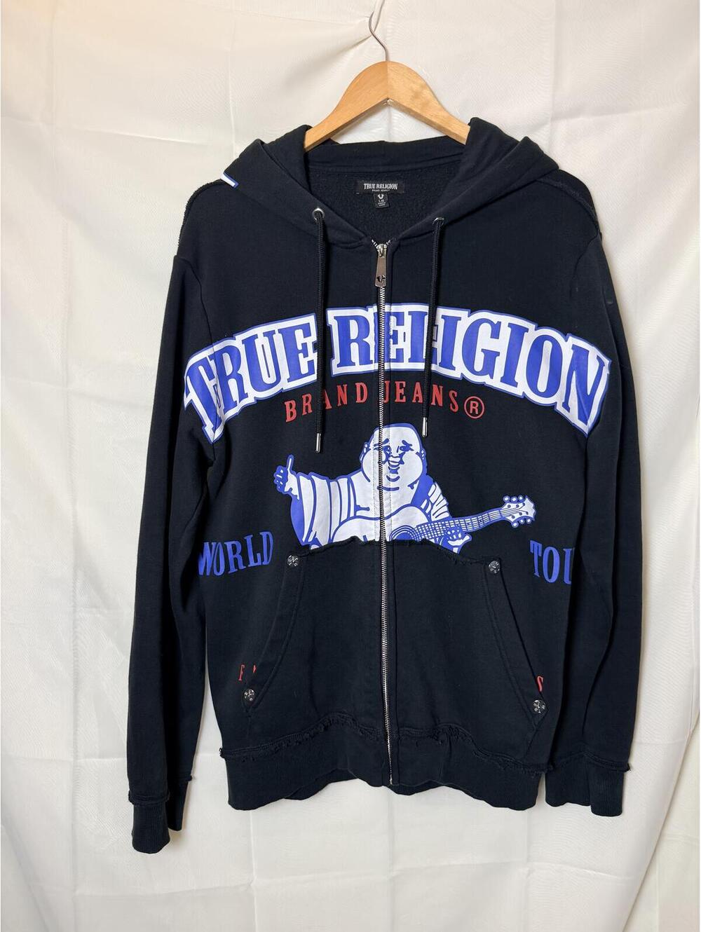 True Religion Black Full-Zip Hoodie with Logo Print